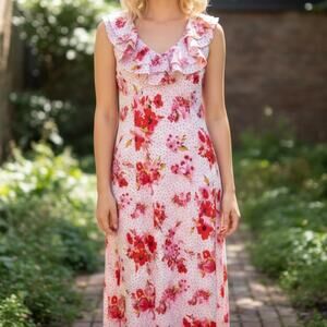 Oscar De La Renta Pink Label Women's Floral Ruffle Neck Maxi Dress Small Pink